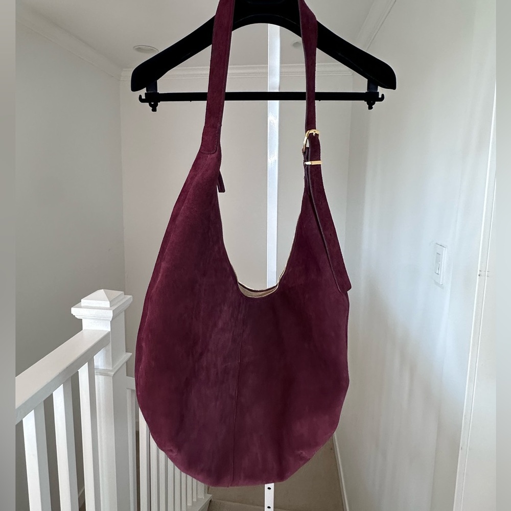 Madewell Essential Curve Suede Shoulder Bag Deep Merlot Burgundy Gold Hardware - Picture 3 of 13